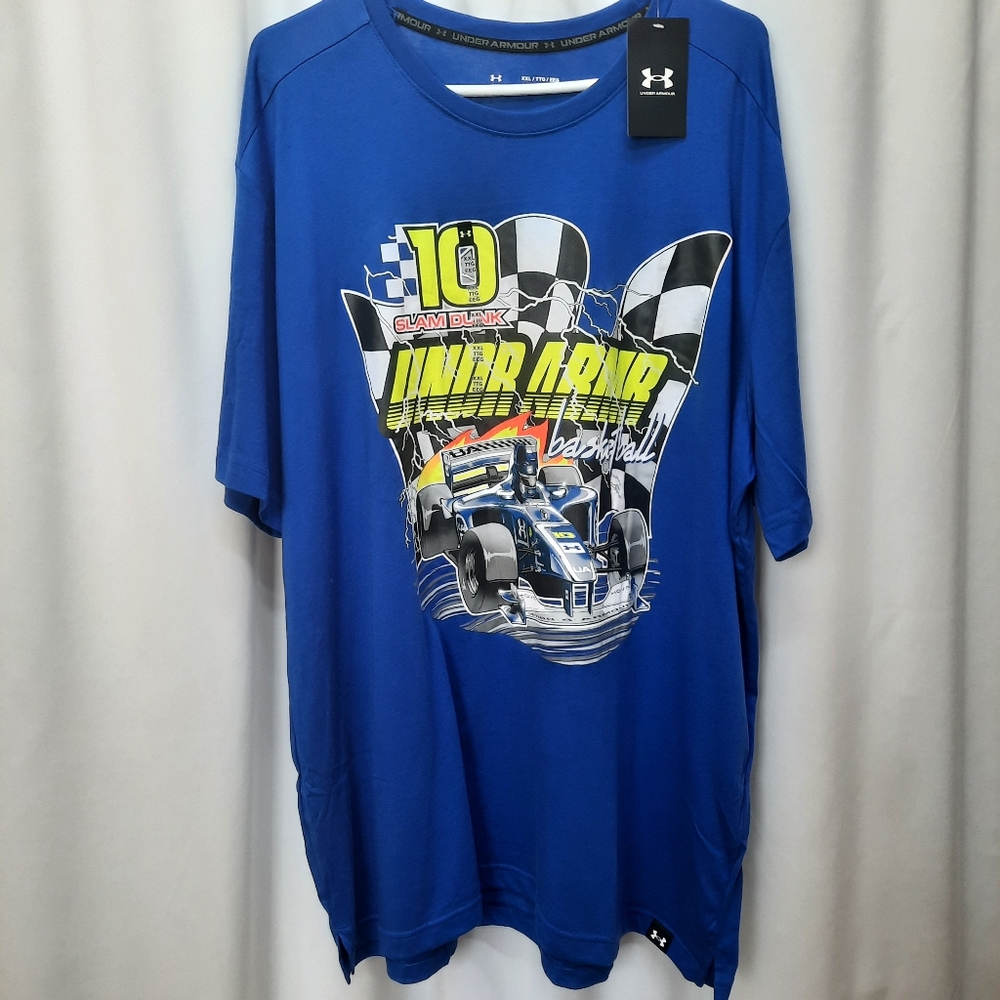 NWT Under Armour HOVR T-shirt Men's XXL Blue Formula 1 Racing Hoops Finish Line